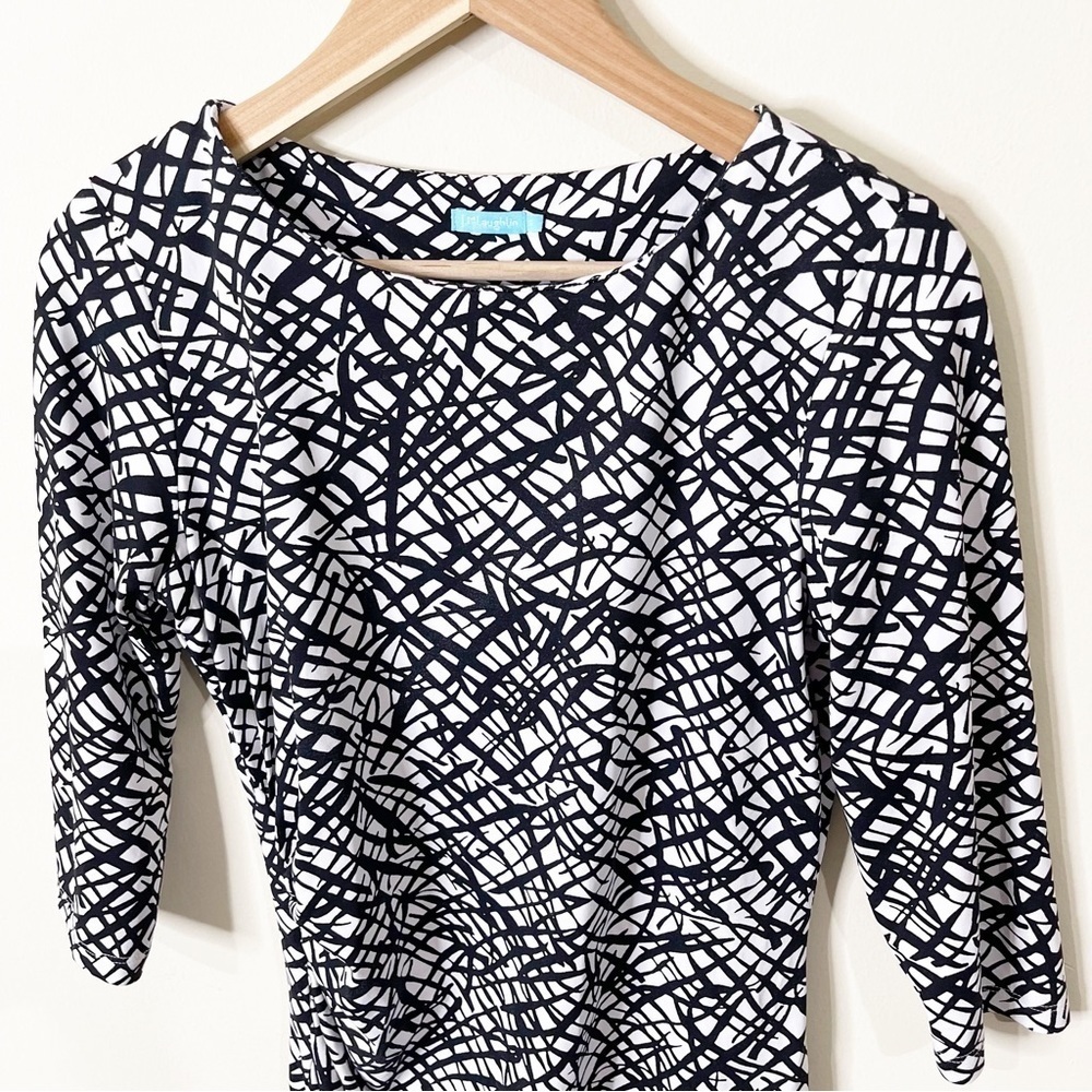 J. McLaughlin Black White Marble Print 3/4 Sleeves Ruched Sage Dress Small - Picture 3 of 9